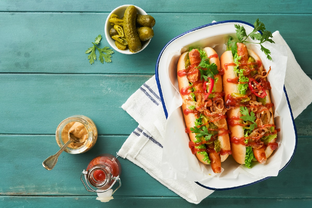 Delicious,Grilled,Hotdog,With,Pickled,Cucumbers,,Chili,Peppers,,Caramelized,Onions,